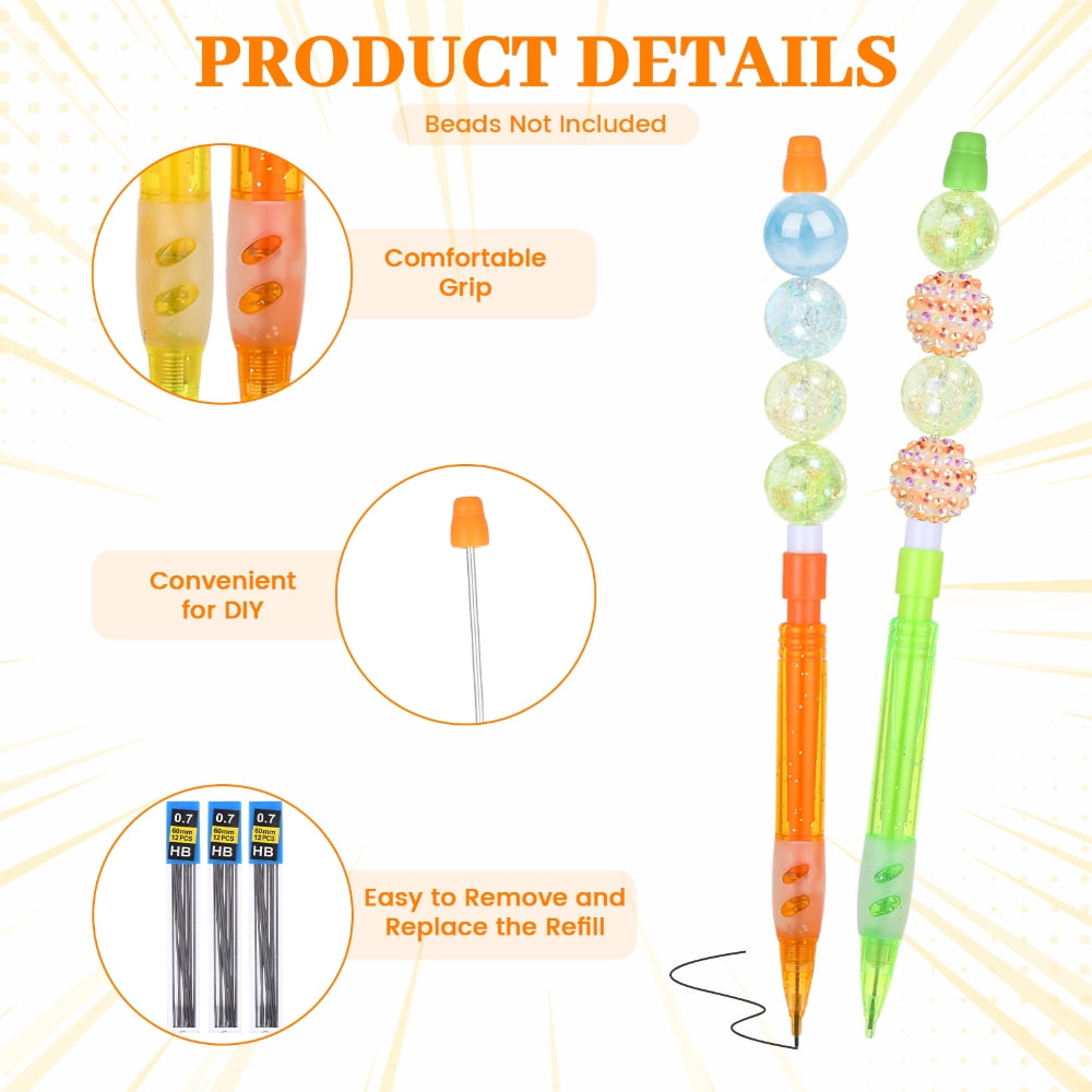 64 Pcs Beadable Mechanical Pencils Bulk,Multicolor Plastic Mechanical Pencils with 0.7mm HB Lead Refills and Soft Silicone Grip for Craft Making Office Supplies Journaling Sketching