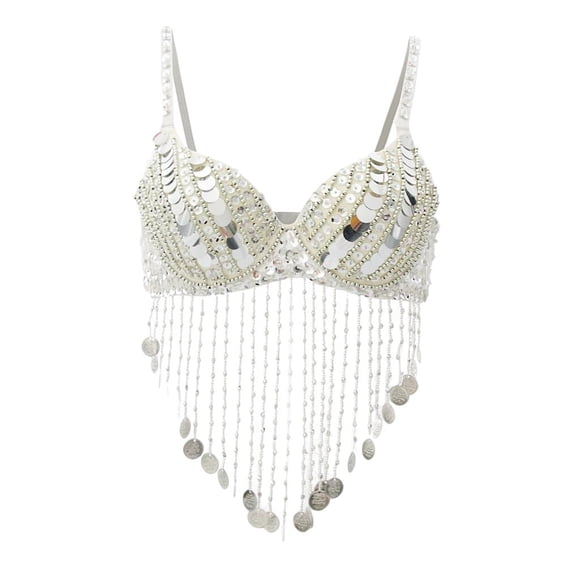 Traje de danza del vientre para mujer con lentejuelas y flecos, disponible en 5 colores Plata