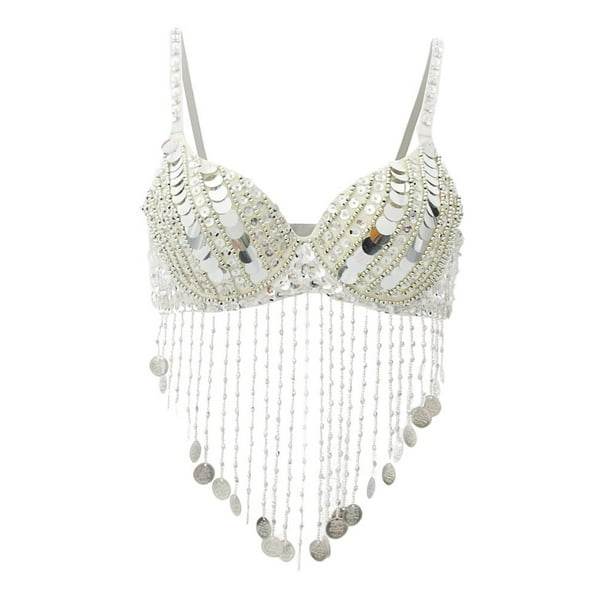Traje de danza del vientre para mujer con lentejuelas y flecos, disponible en 5 colores Plata