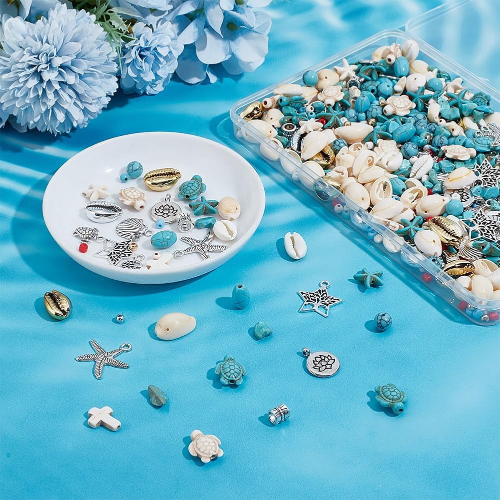 Surfer Wave Boho Bracelet Making Kit 710pcs Blue Beads Bracelet Kit Turquoise Turtle Starfish Beads Ocean Seashell Charms with Cords