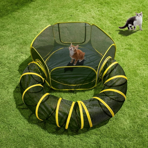 SPECSTAR Outdoor Cat Enclosures 2-in-1, Portable Catio w/Cat Tent, Circle Playpen Tunnel, for Kitty and Small Animals,w/Storage Bag Removable Bottom