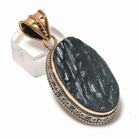 Natural Black Tourmaline Gemstone Handmade Copper Jewelry Pendant 2.17"