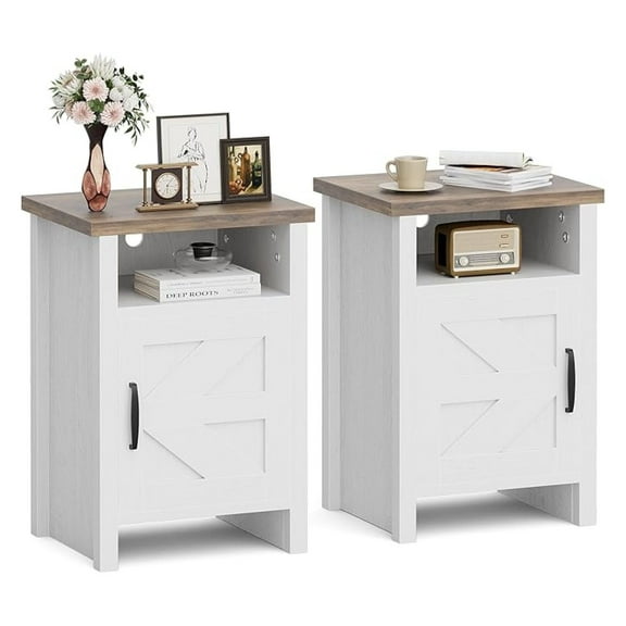 WDZS Farmhouse Nightstand, Modern Bedside Table with Barn Door and Shelf, Rustic End Table Side Table for Bedroom, Living Room (2, White)