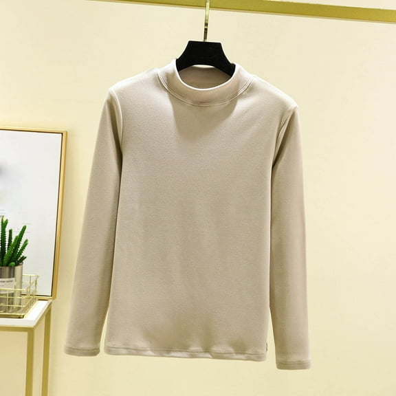 XUNKUSGA Shirts for Women Fashion Turtle Neck Long Sleeve Undershirts for Women Solid Color Thermal Tees Tops Soft Warm Comfortable Pullover Tops L-2XL Beige