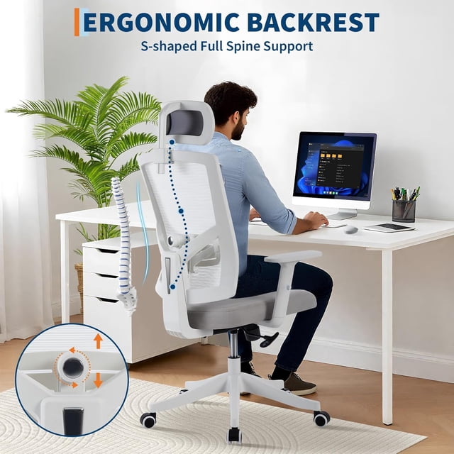 Royalbelle All White Ergonomic Mesh Chair, Reclining Computer Chair with Headrest