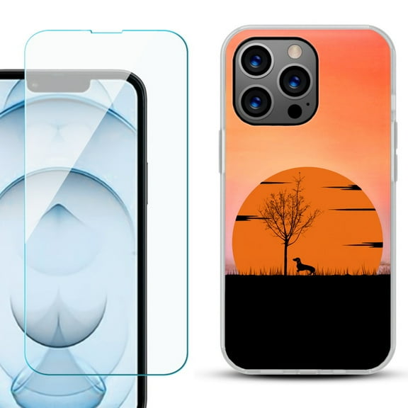 Slim-Fit Gel TPU Phone Case for iPhone 13 Pro Max, with Tempered Glass Screen Protector, by OneToughShield ® - Sunset Dachshund