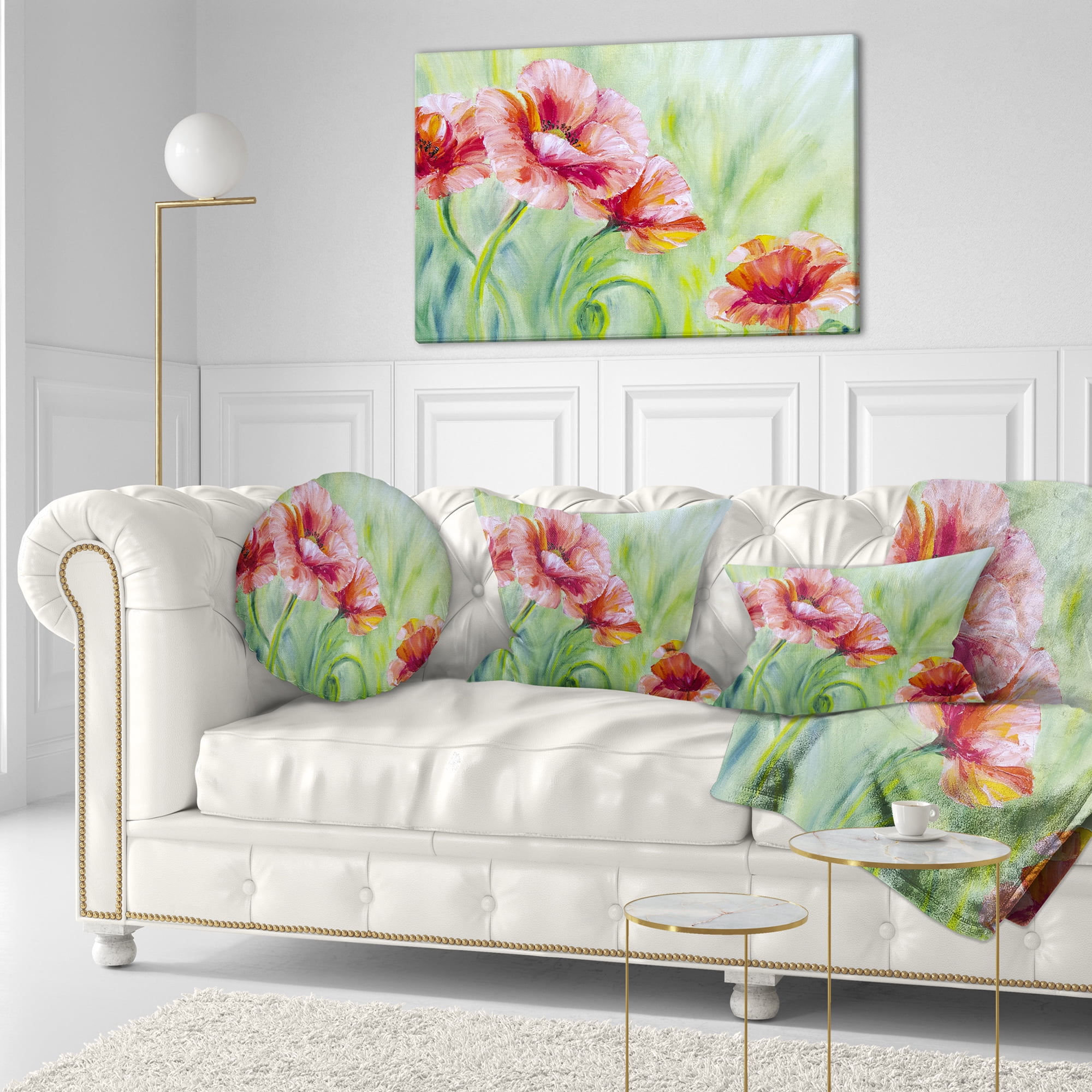 Designart Pale Red Poppies - Floral Throw Pillow - 12x20