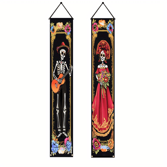 2 pieces, 2D Flat Halloween and the Day of the Dead atmosphere porch hanging logo decorative banner, Halloween couplets with skull couple pattern, holiday home hanging flag, suitable for front door,