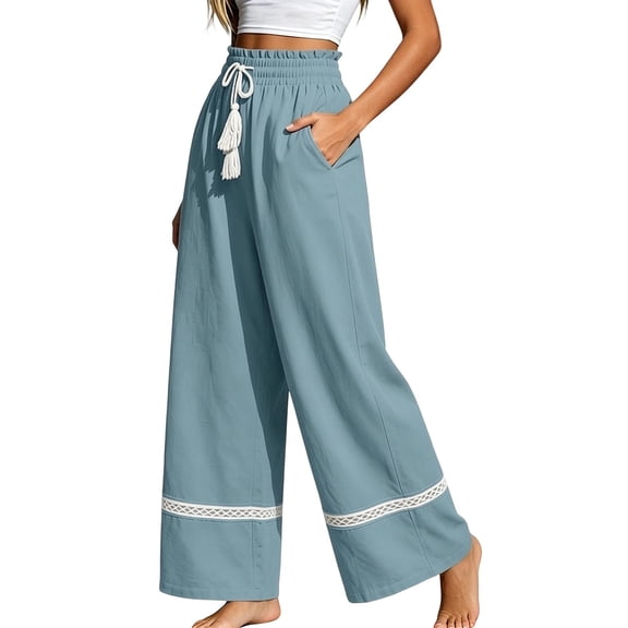 WQNVRNR Womens Lace Trim Pants- Palazzo Wide Leg Soft Elastic Drawstring Summer Long Pnats Blue Size 2XL
