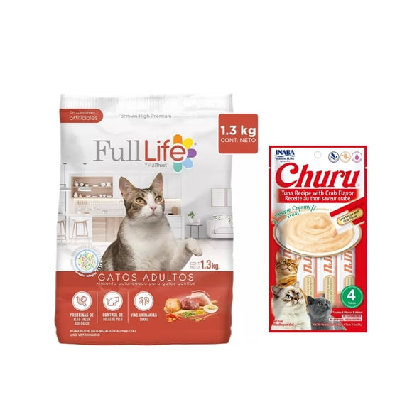 Full Life Gatos Adultos 1.3 kg + Churu Atún con Cangrejo Sobre con 4 Tubos de 14 g