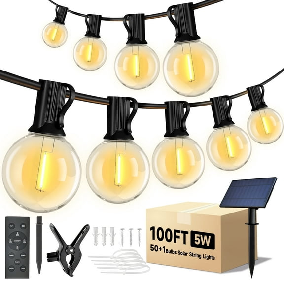 Phopollo Solar String Lights Patio, G40 100FT String Lights 50 Shatterproof Bulbs,Remote control, USB powered, Waterproof Outdoor Hanging Lights for Backyard Garden Porch Decor