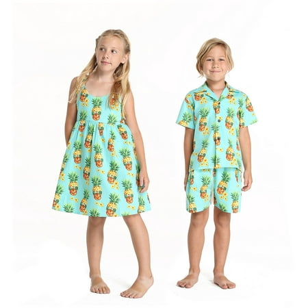 Matching Boy and Girl Siblings Hawaiian Luau Outfits in Halloween Pineapple Skull Girl 2 Boy