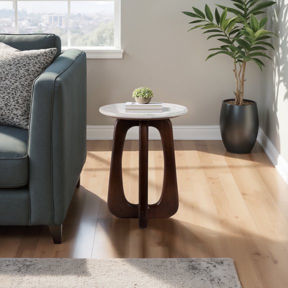 Modern Wooden Accent Table with Marble Top - Stylish Side Table for Living Room & Bedroom - MDF & Iron Frame - 20" Multi