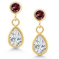 thumbnail image 2 of Gem Stone King 14K Yellow Gold White Moissanite and Red Rhodolite Garnet Dangle Earrings for Women (1.04 Cttw, Gemstone Birthstone, Pear Shape 6X4MM, Round 3MM), 2 of 4