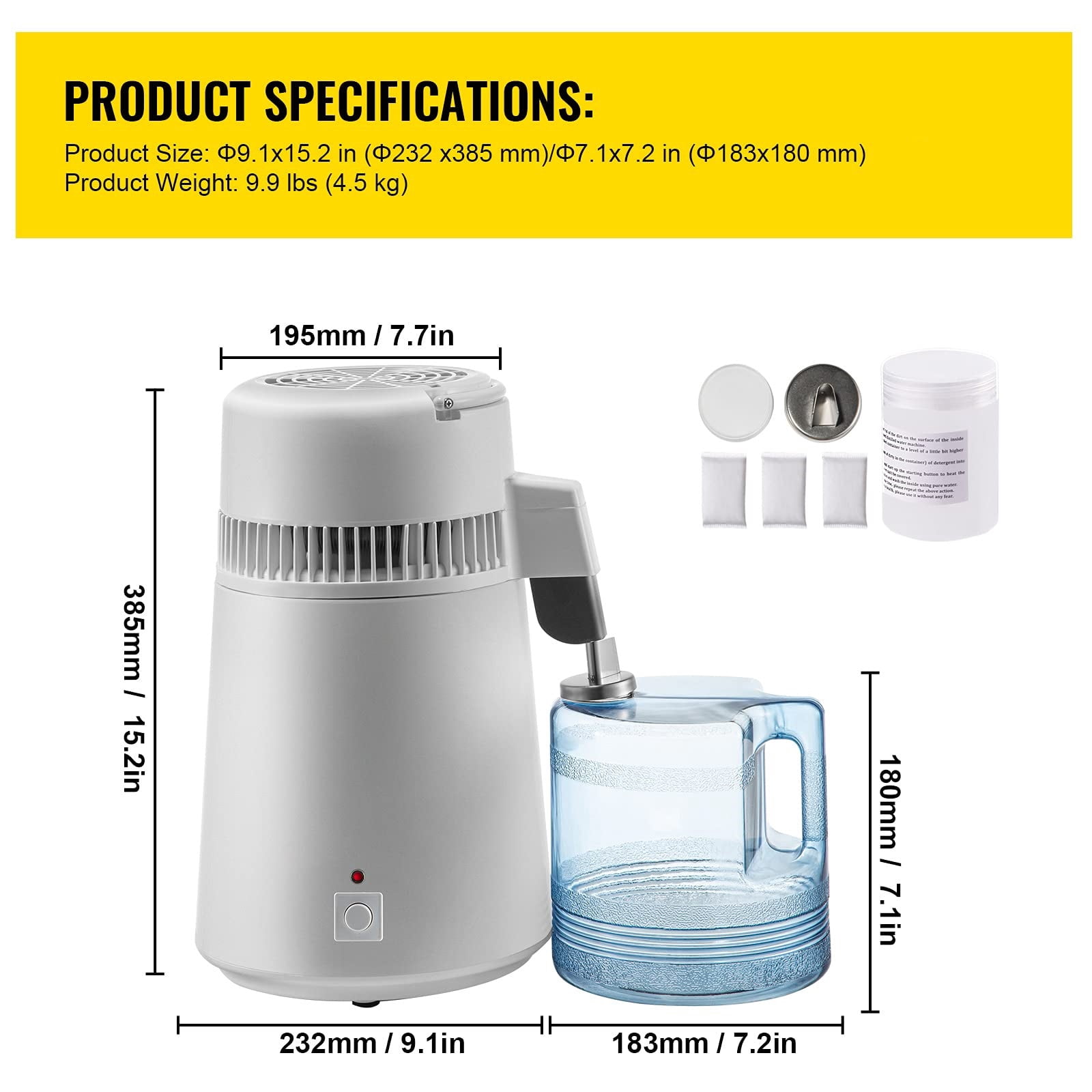 1.1 Gal Water Distiller, 750W Distilled Water Machine, 4L Distilling Pure Water Machine w/Plastic Container, Water Distillation Kit w/Button, Countertop Distilled Water Maker for Home (White)