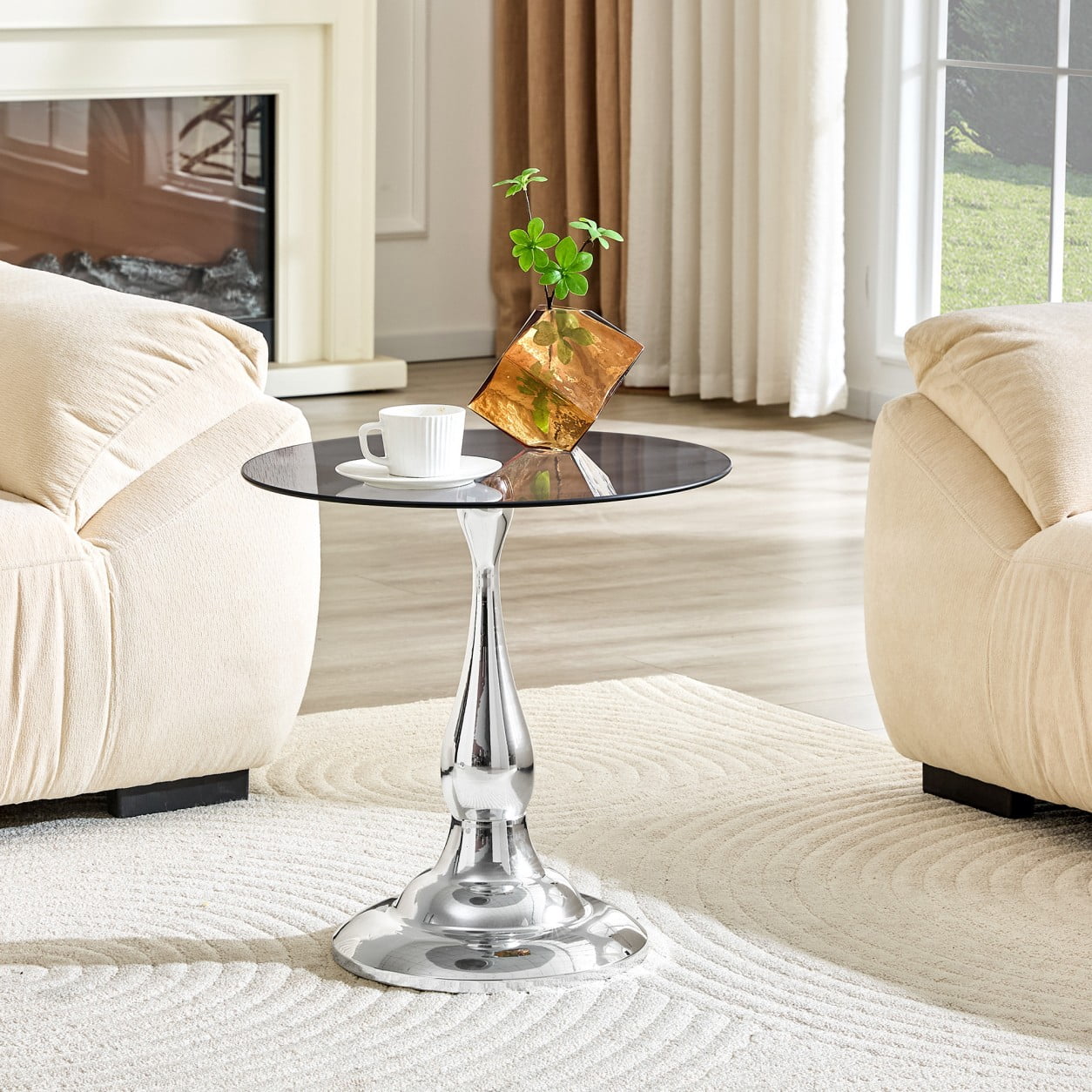 19.6" Round Side Table, Gray Tempered Glass Top with Silver Metal Base, Modern End Table, Nightstand, Sofa Table for Living Room Bedroom