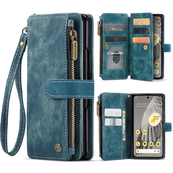 Allytech Wallet Case for Google Pixel Fold, Card Slots   Cash Slot   Zipper Pocket Large Capacity PU Leather Case with Hand Strap, [All-Round Shockproof] Wireless Charging Kickstand Case, Blue