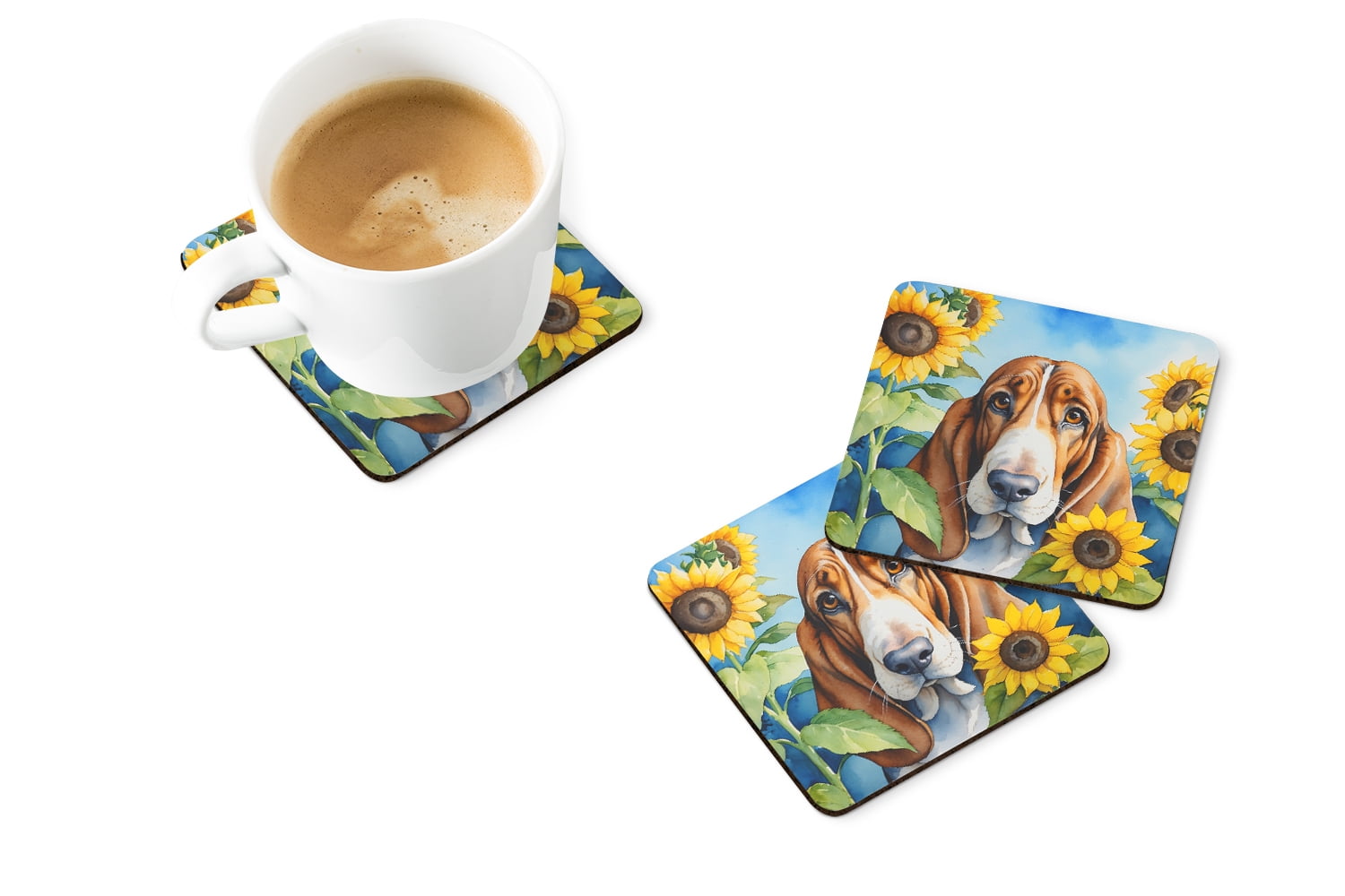 Basset Hound in Sunflowers Foam Coasters 3.5 in x 3.5 in