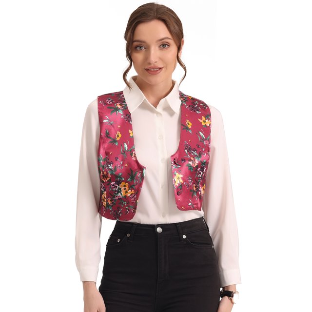 Traje De Navidad Para Mujer Chaleco De Satén Con Cierre De Botón Y Estampado Floral Rosa Roja XL