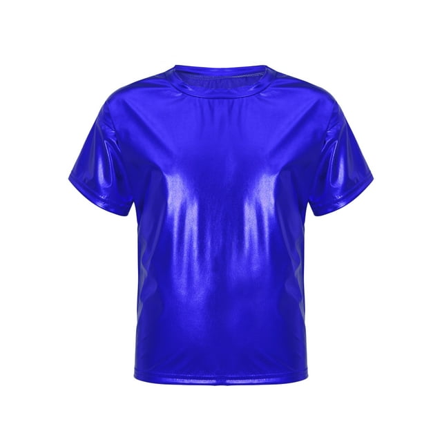 Eandarui Enfants Garçons Filles Manches Courtes Danse Fête Performance Hauts Mode Brillant Métallique Hip Hop Rue T-Shirt Tees Bleu Royal 100