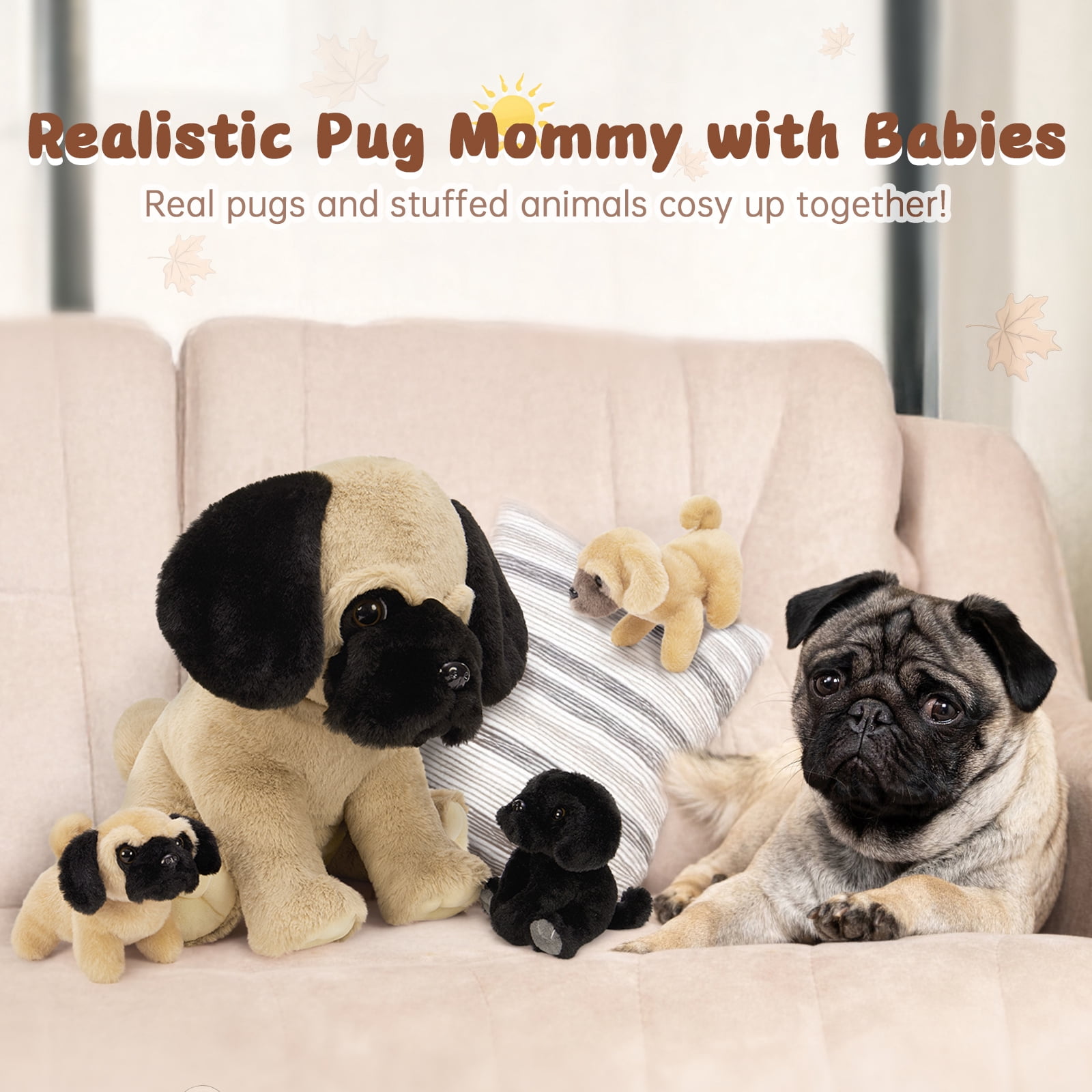 Muiteiur 4Pcs Pug Dog Stuffed Animal 14'' Dog Plush with 3 Puppies Plush Toy