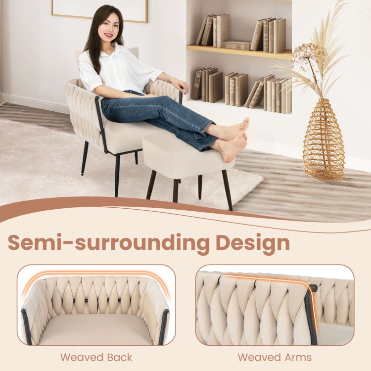 Finihen Accent Chair, Modern Upholstered Accent Chair, Modern Dutch Velvet Accent Chair and Ottoman Set with Weaved Back and Arms, for Living Room, Bedroom, White Finihen Accent Chair, Modern Upholstered Accent Chair, Modern Dutch Velvet Accent Chair and Ottoman Set with Weaved Back and Arms, for Living Room, Bedroom, White