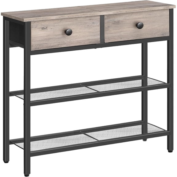 HOOBRO Narrow Console Table with 2 Fabric Drawers and 3-Tier Shelves, Gray