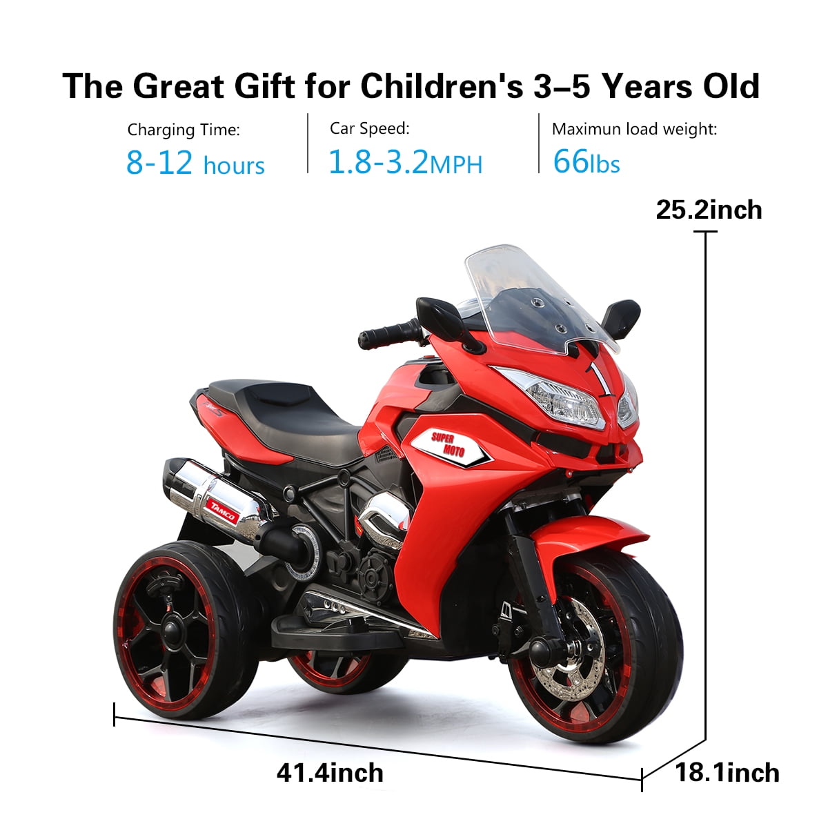 POVANLI  12V 3-Wheel Kids Ride on Electric Toy Motorcycle with Foot Pedal Control, Slow Start, Power Display, Lighting Wheels, MP3, USB, Bluetooth for Children Aged 3-5, Gift (Red)