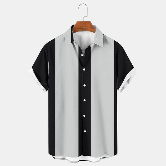 Wancir Men's Vintage Bowling Shirts 1950s Casual Short Sleeve Button Up Contrast Shirt Summer Color Block Cuban Shirts