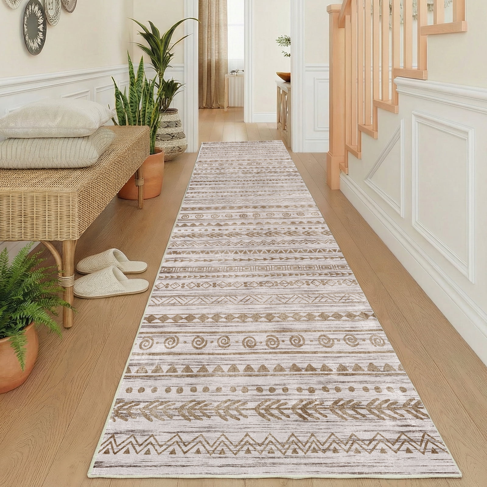 Boho 2'x8' Washable Hallways Rug, 2x8FT Runner Rug with Rubber Backed, Vintage Runners for Laundry Non Slip Carpet Khaki Lightweight Door Mat Indoor Entrance