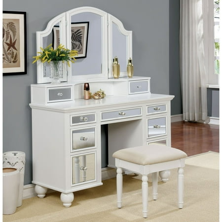 Suede Vanity - Furniture of America Aria Contemporary Style 3-Sided Mirror Vanity Set