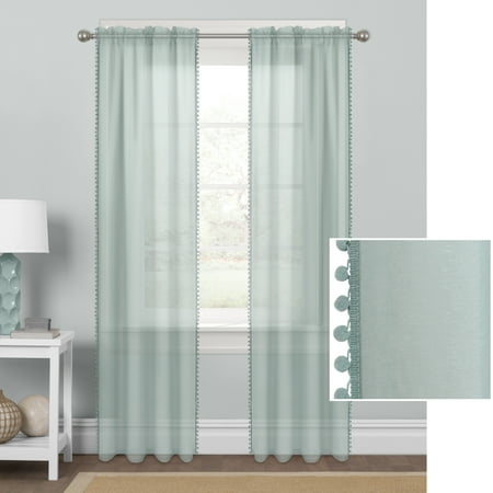 Mainstays Sheer With Pom Poms Window Curtain Panel Walmart Com