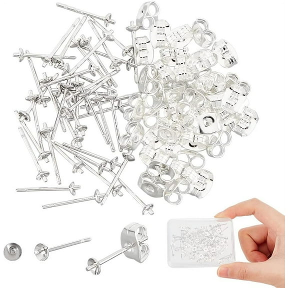 40Pcs Stud Earrings 925 Sterling Silver Earrings Posts 0.7mm Small Silver Pearl Cup Stud Earring Setting and 40pcs Stainless Steel Ear Nuts for Earring Making Tray: 2.5mm DIY
