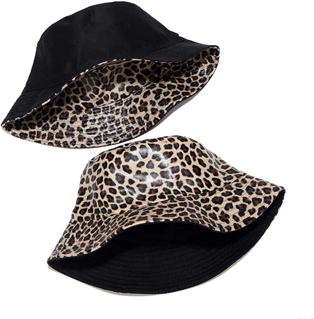 Leopard Print Bucket Hat PU Leather 