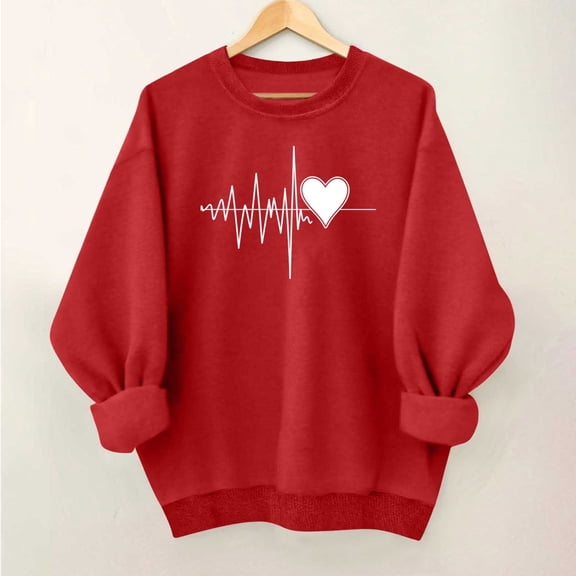 Qetyuw Valentines Day Sweatshirt Women Love Heart Graphic Pullover Casual Crew Neck Long Sleeves Tops Athletic Comfy Sweatshirts