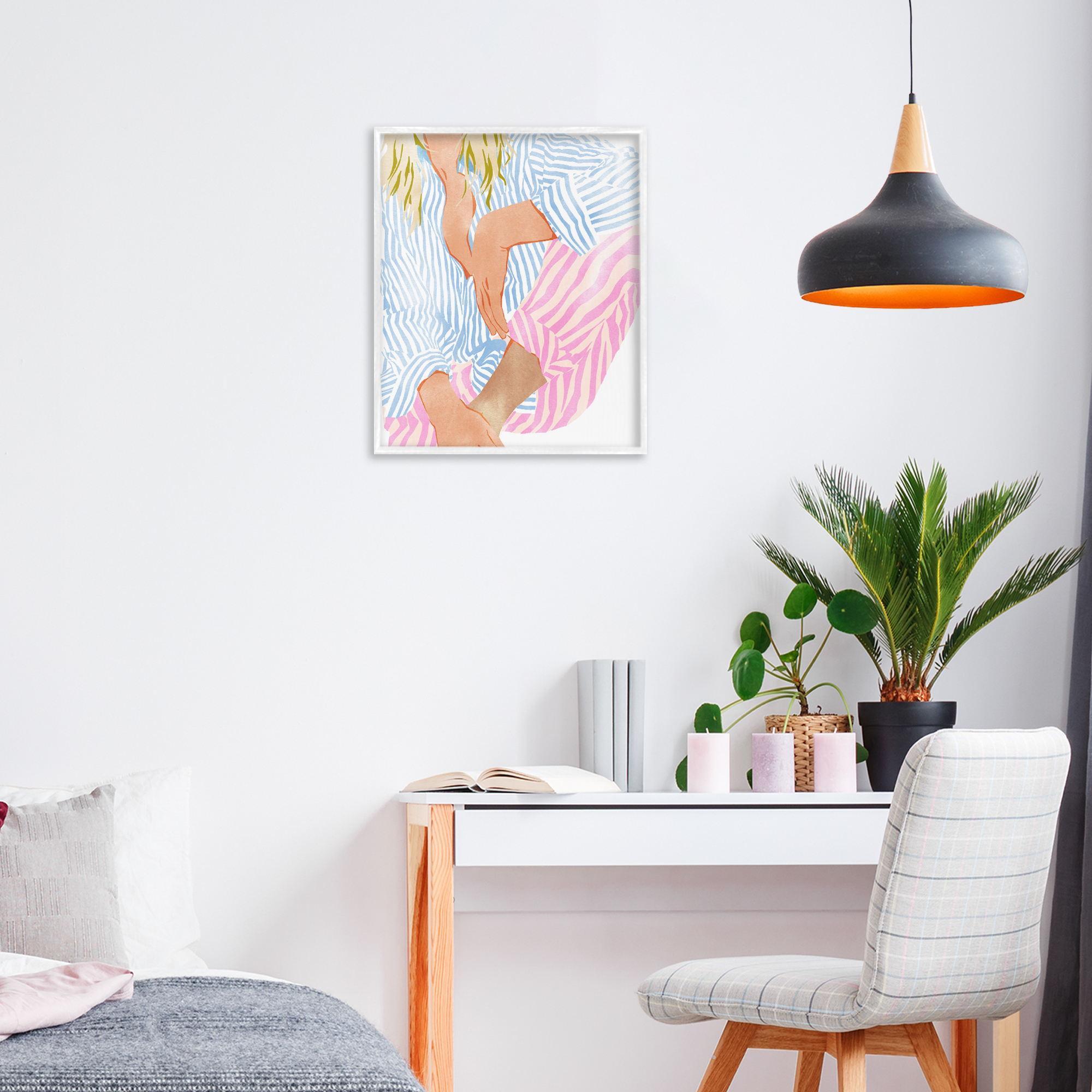 Woman in Pastel Stripes White Framed Giclee Art, design by Ziwei Li