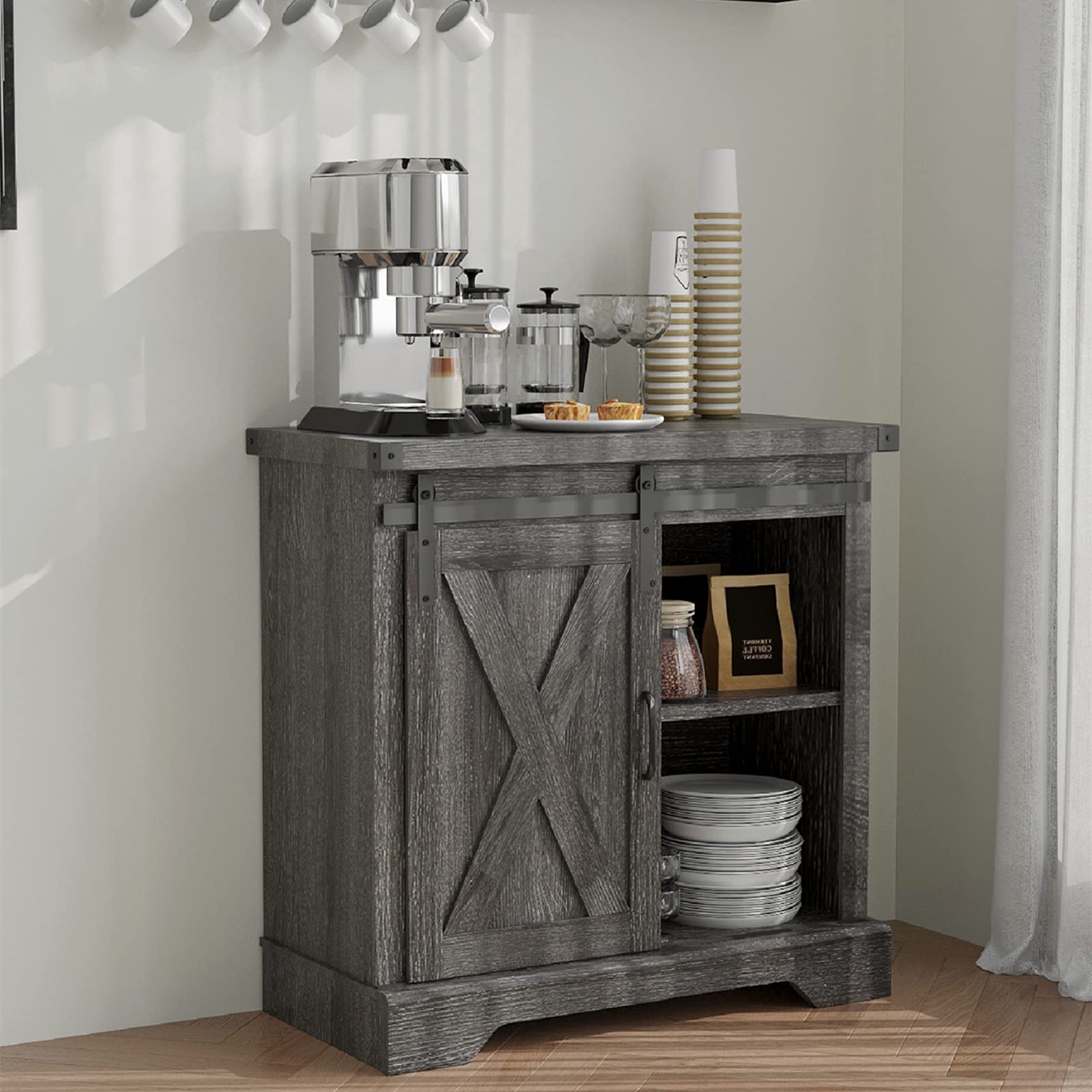 ChVans Farmhouse Coffee Bar with Storage, Barn Doors Kitchen Storage Buffet