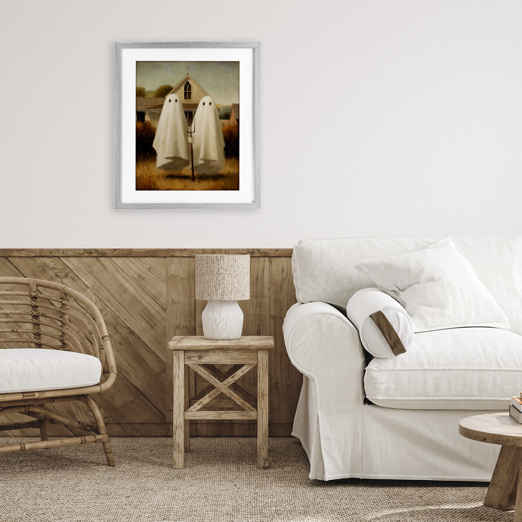 American Gothic Ghosts Gray Framed Print Under Glass, design by Arlington Prints