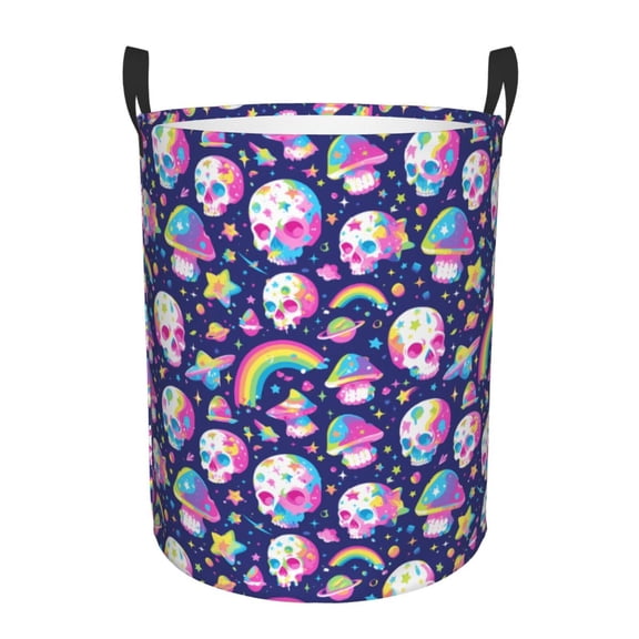 Rateoe Skull mushroom rainbow space Pattern Round Laundry Hamper Basket, Tall Hamper Basket for Blanket Storage, Nursery Clothes Hamper for Laundry in Bedroom and College Dorm-Small