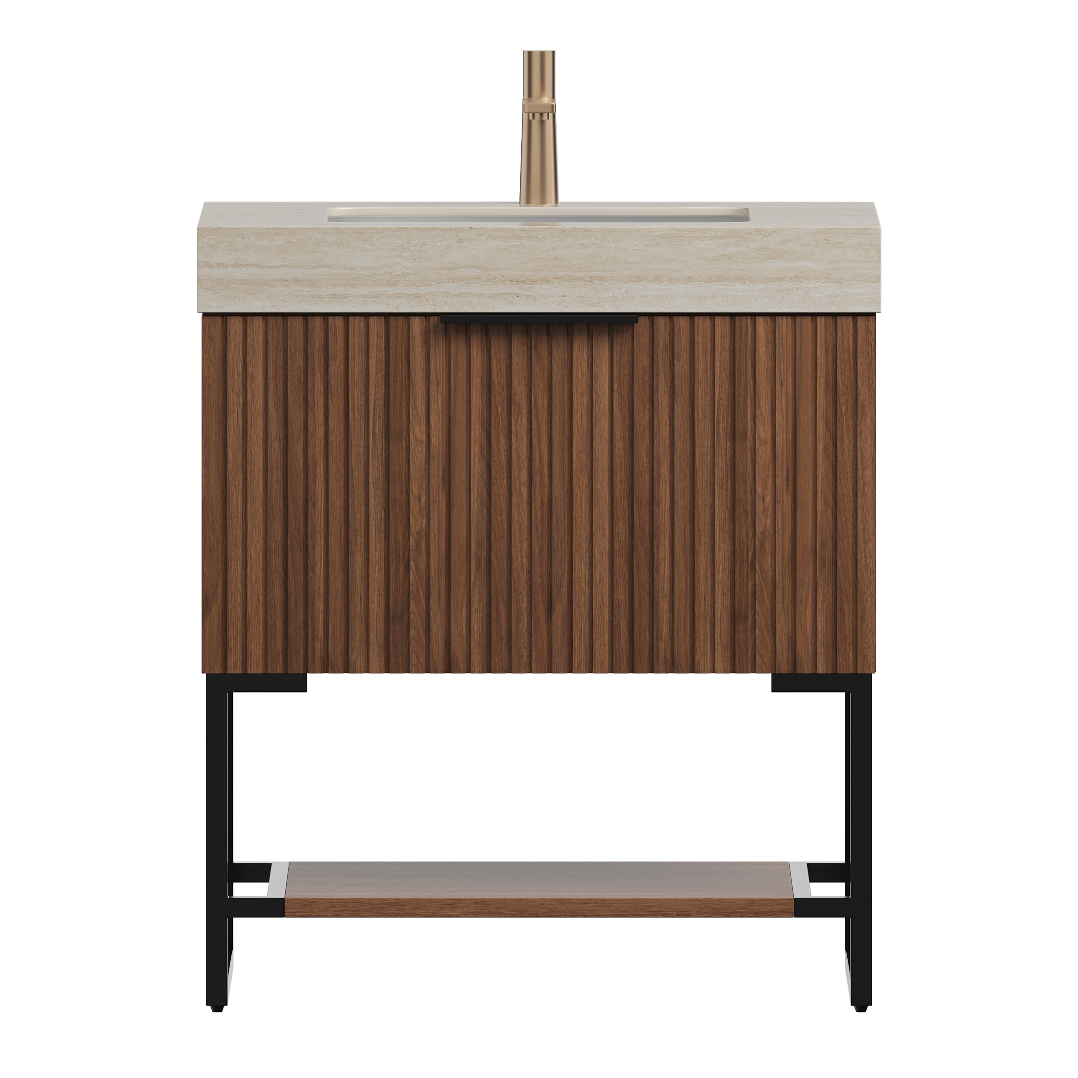 30" Pre-assembled Freestanding Bathroom Vanity with Sintered Stone Top, Drawer and Open Shelf Storage Cabinet