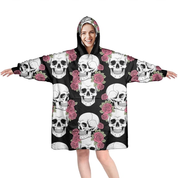 Wearable Oversized Blanket,Black Skull Rose Pattern Wearable Blanket Hoodie for Adults,Cozy Hooded Blankets with Super Pockets,Super Warm Fuzzy Pullover for Women & Men
