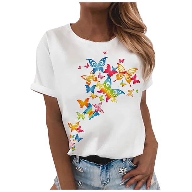 Gibobby Camiseta de manga corta para mujer Impresión superior la mujer O cuello manga corta suelta Casual Top(Blanco,M)
