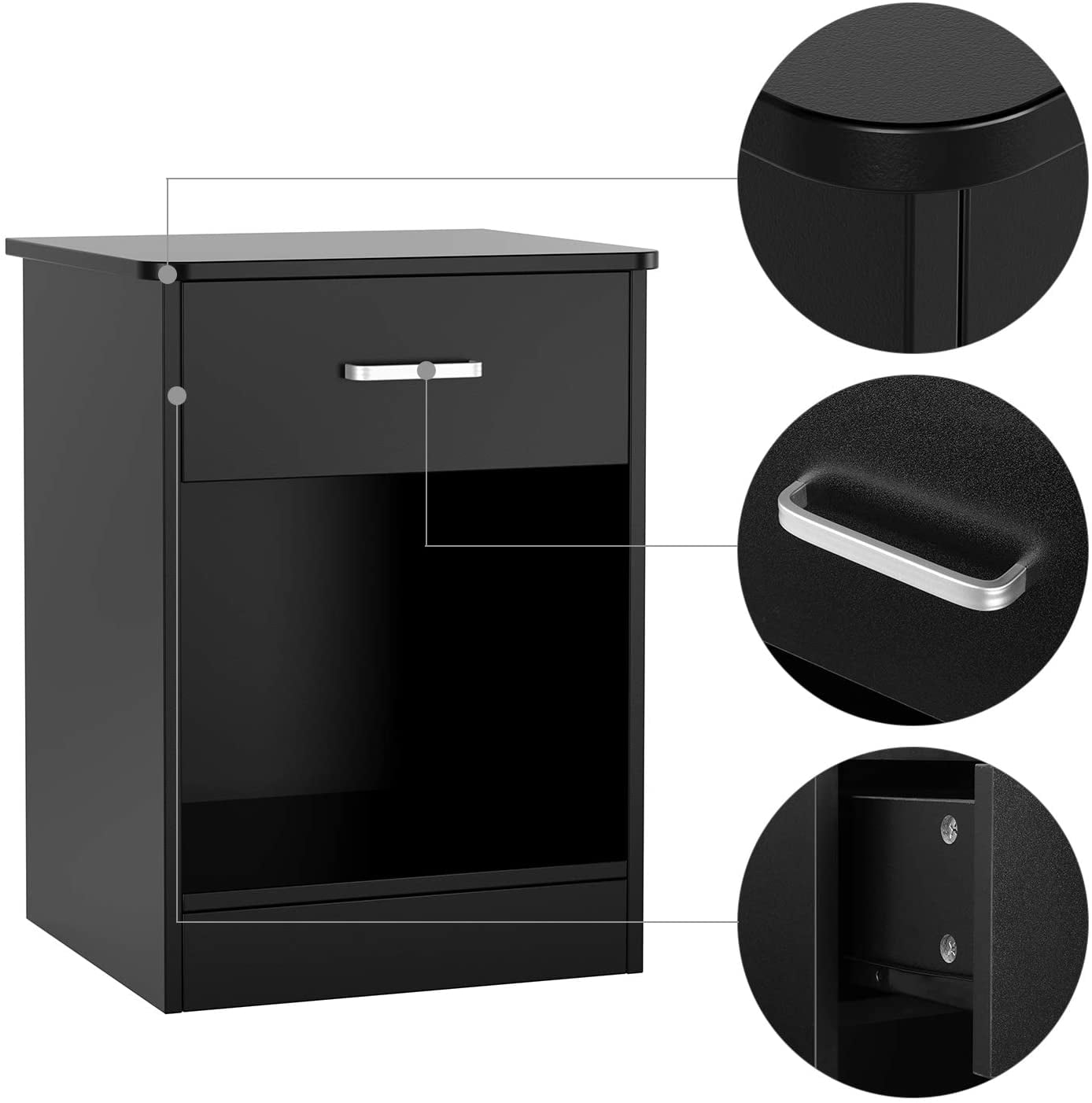 Homfa 2-Tier Nightstand with Drawer & Storage Shelf, Side End Table for Bedroom Living Room Set of 2, Black