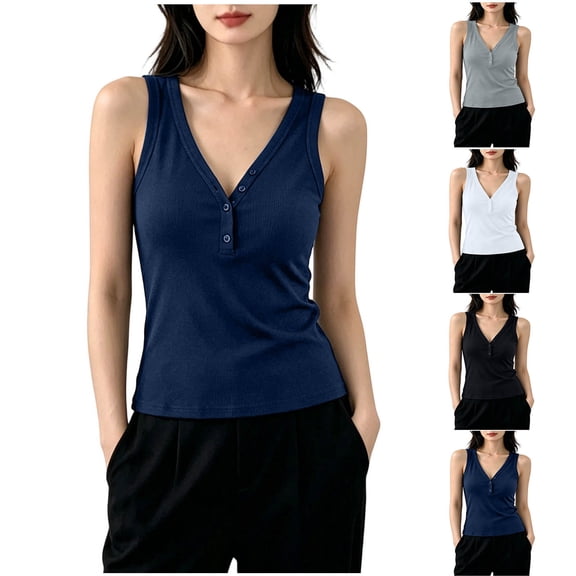Womens V Neck Tank Tops Summer Ribbed Sleeveless Henley Shirts Casual Loose Fit Button Up Cami Knit Tees White