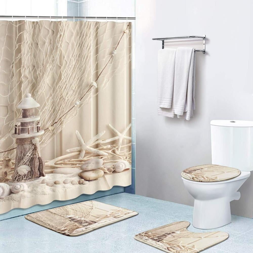 Beach Bathroom Rug Set Shower Curtain Thick Non-Slip Bath Mat Toilet Lid  Cover