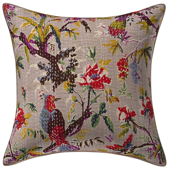 Stylo Culture Ethnic Chair Seat Throw Pillow Cover 16x16 Kantha Beige Printed 40cm x 40cm Living Room Toss Pillow Case Cotton Bird Floral Square Cushion Cover | 1 Pc