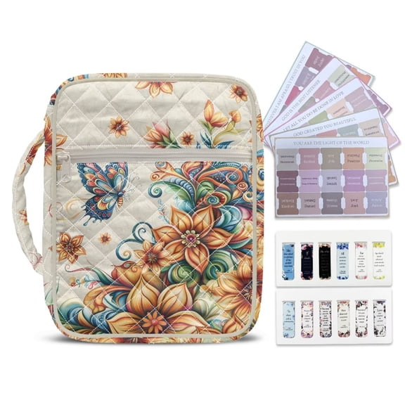 Xixirimido Quilted Bible Cover Bible Case for Women, Large Bible Carrying Case with Handle Bookmarks, Bible Study Supplies & Christian Gift for Men, Boho Floral Butterfly