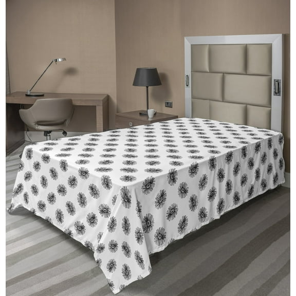Ambesonne Floral Flat Sheet, Monochrome Petals Repetition, Twin Size, Charcoal Grey and White