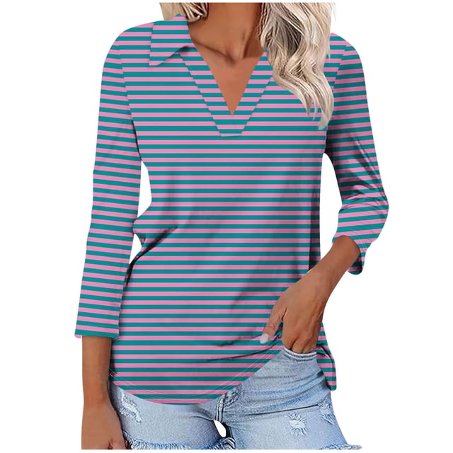 Timegard Tuniques Rayées pour Femmes Col à Revers en V Manches 3/4 T-Shirts Blouses Décontractées Mode