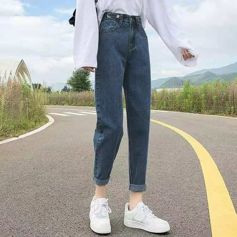 Women Solid Harlan Pants Jeans High Waist Pants Drooping Straight Women's  Jeans Retro Cropped Trousers Demin